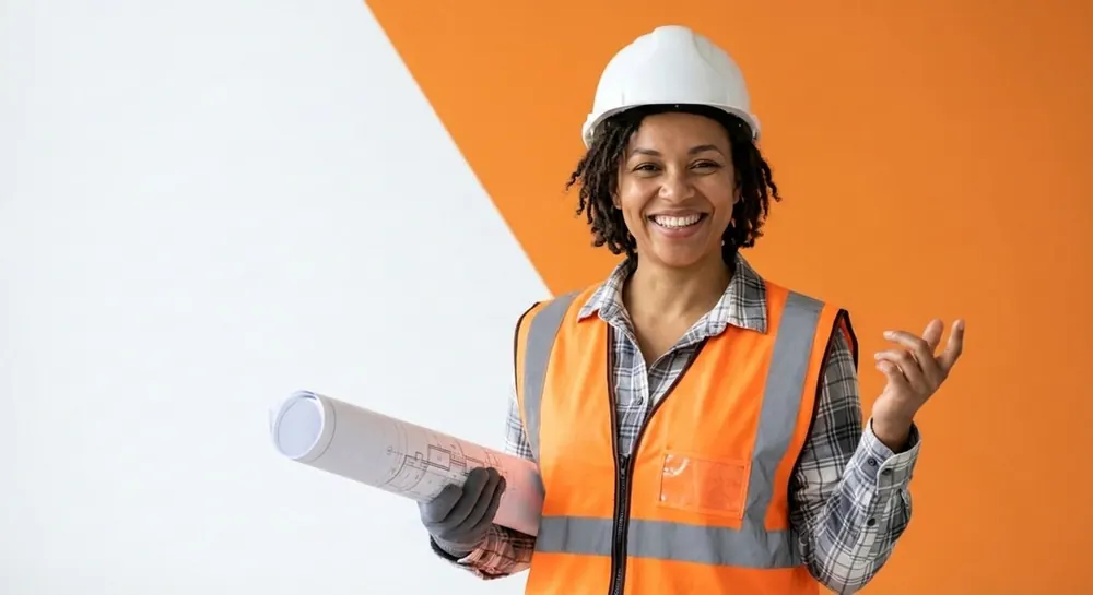 Smiling engineer in a white hard hat and safety vest holding plans