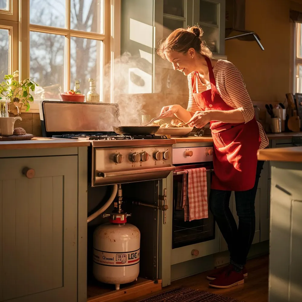 Domestic LPG cylinder connected to a kitchen cooker